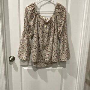 Umgee Floral Print Metallic Accent Square Neck Top Size Small